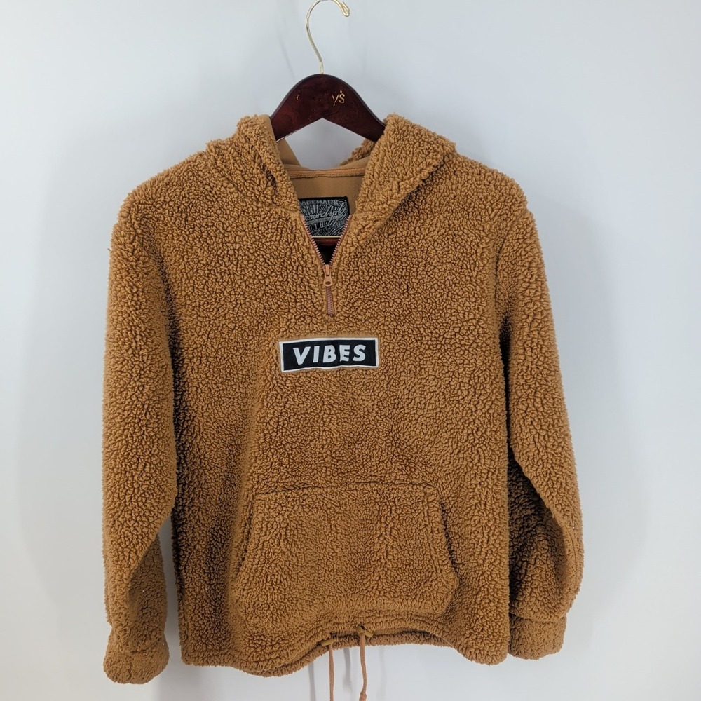 Vintage 90's Brooklyn Trademark‎ Vibes Patch 1/4 Zip Sherpa Hoodie Camel Brown L